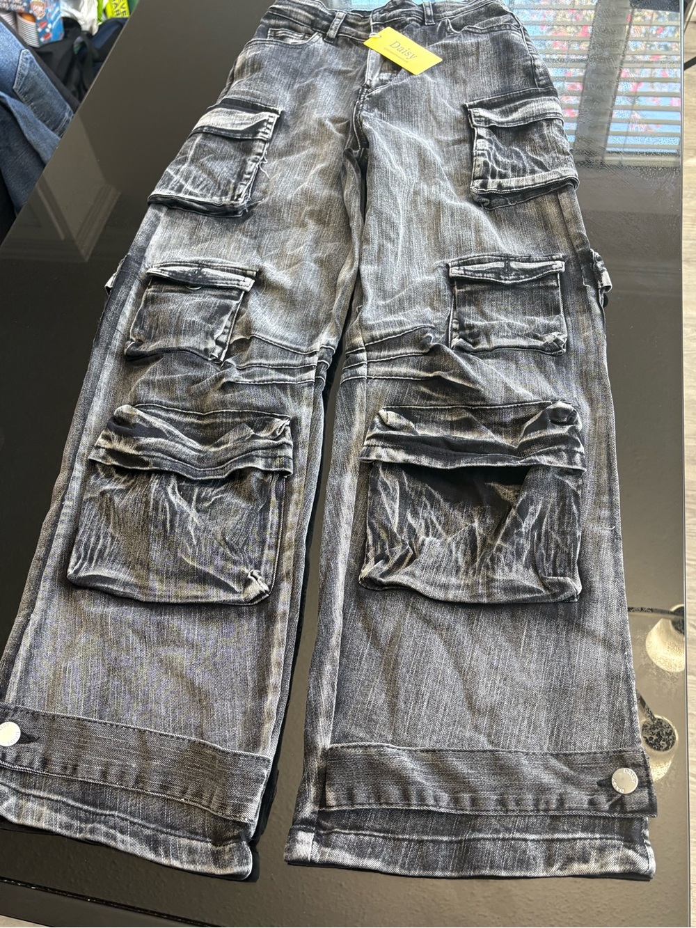 Daisy Black Washed Cargo Flare Pants with Multiple Pockets